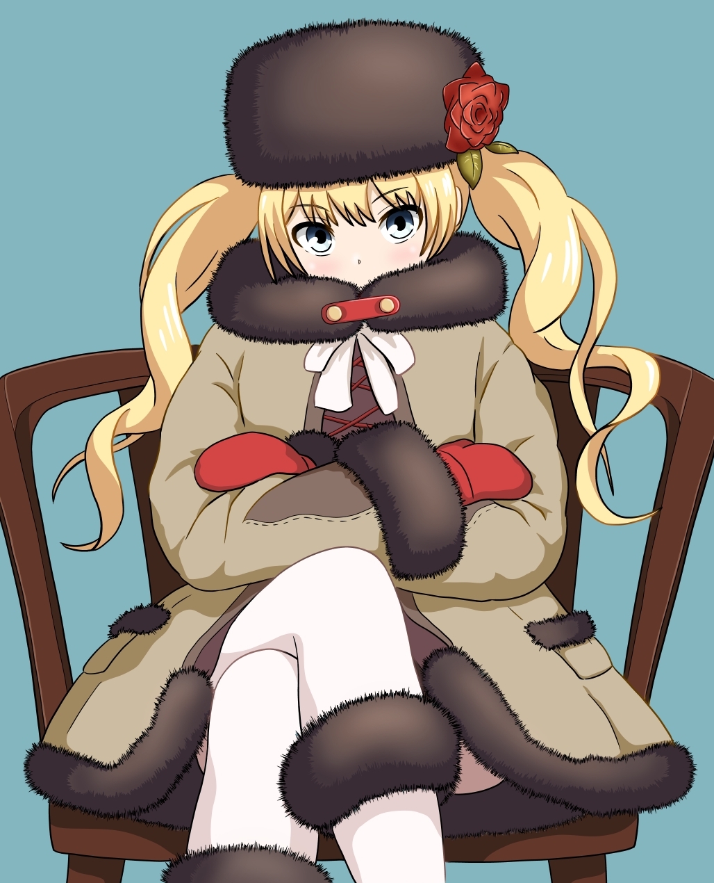 1girl, aqua_background, black_hat, blonde_hair, blue_eyes, chair, coat, crossed_arms