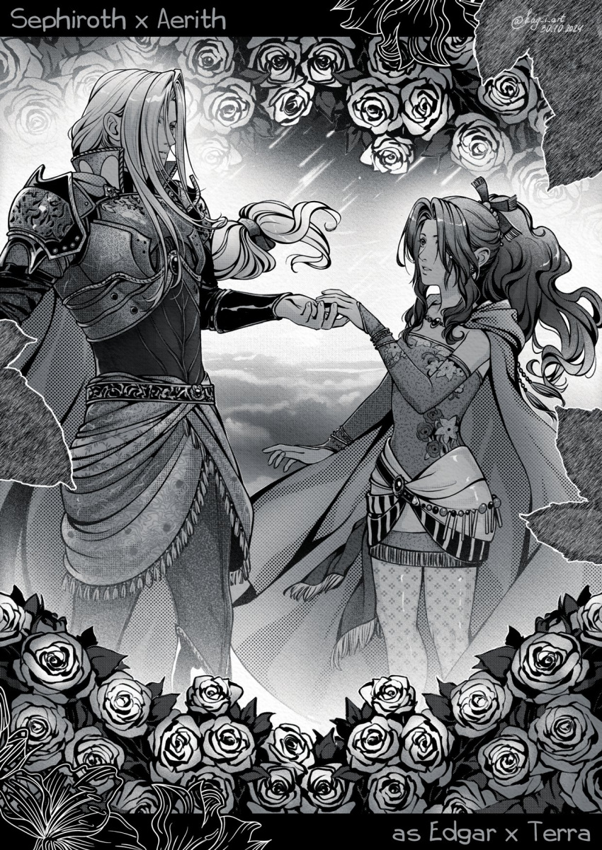 1boy, 1girl, aerith_gainsborough_(terra's_garb), armor, breasts, cape, character_name, cosplay