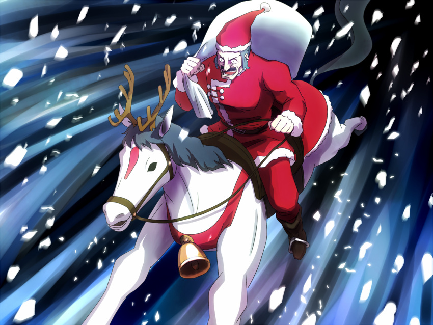 antlers, bell, boots, facial_hair, facial_mark, fuunsaiki, g_gundam, gundam, hat, horns, jingle_bell, male, master_asia, migo, mustache, open_mouth, reins, riding, sack, santa_costume, santa_hat, snowing, solo