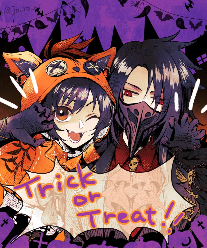 1boy, 1girl, animal_hood, black_feathers, black_gloves, black_hair, brown_eyes, button_eyes
