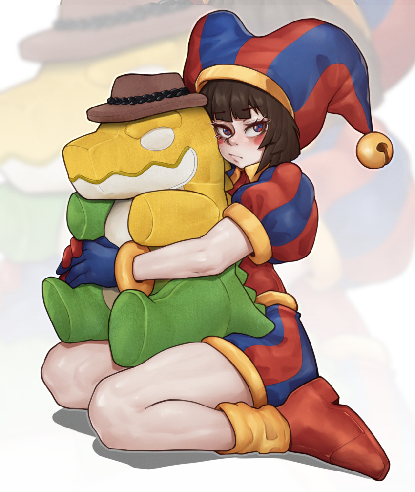 1girl, blue_gloves, blue_hat, blue_shorts, blush, brown_hat, closed_mouth, colored_skin