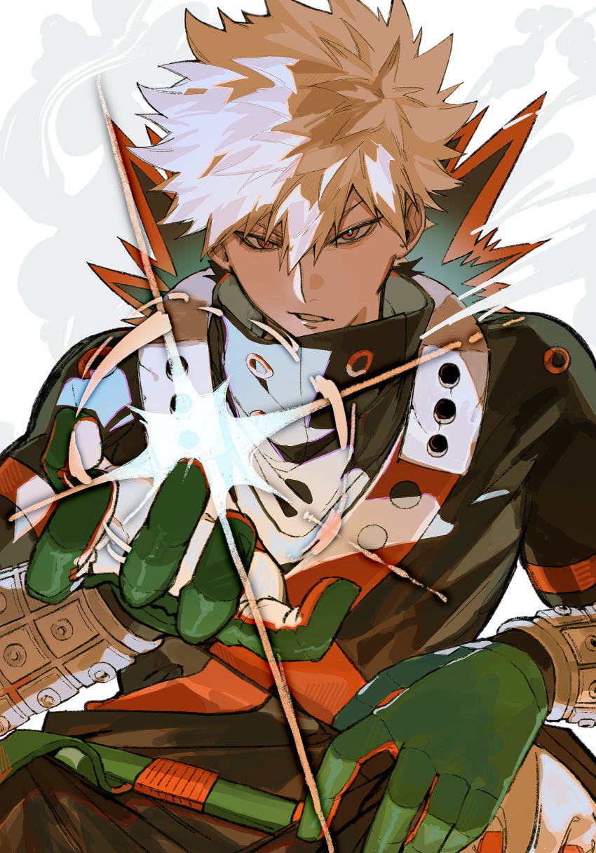 1boy, bakugou_katsuki, blonde_hair, bodysuit, boku_no_hero_academia, explosive, gloves, green_bodysuit, green_gloves, highres, ikaooi1, looking_at_viewer, male_focus, open_mouth, shirt, short_hair, simple_background, smoke, solo, spiky_hair, white_background
