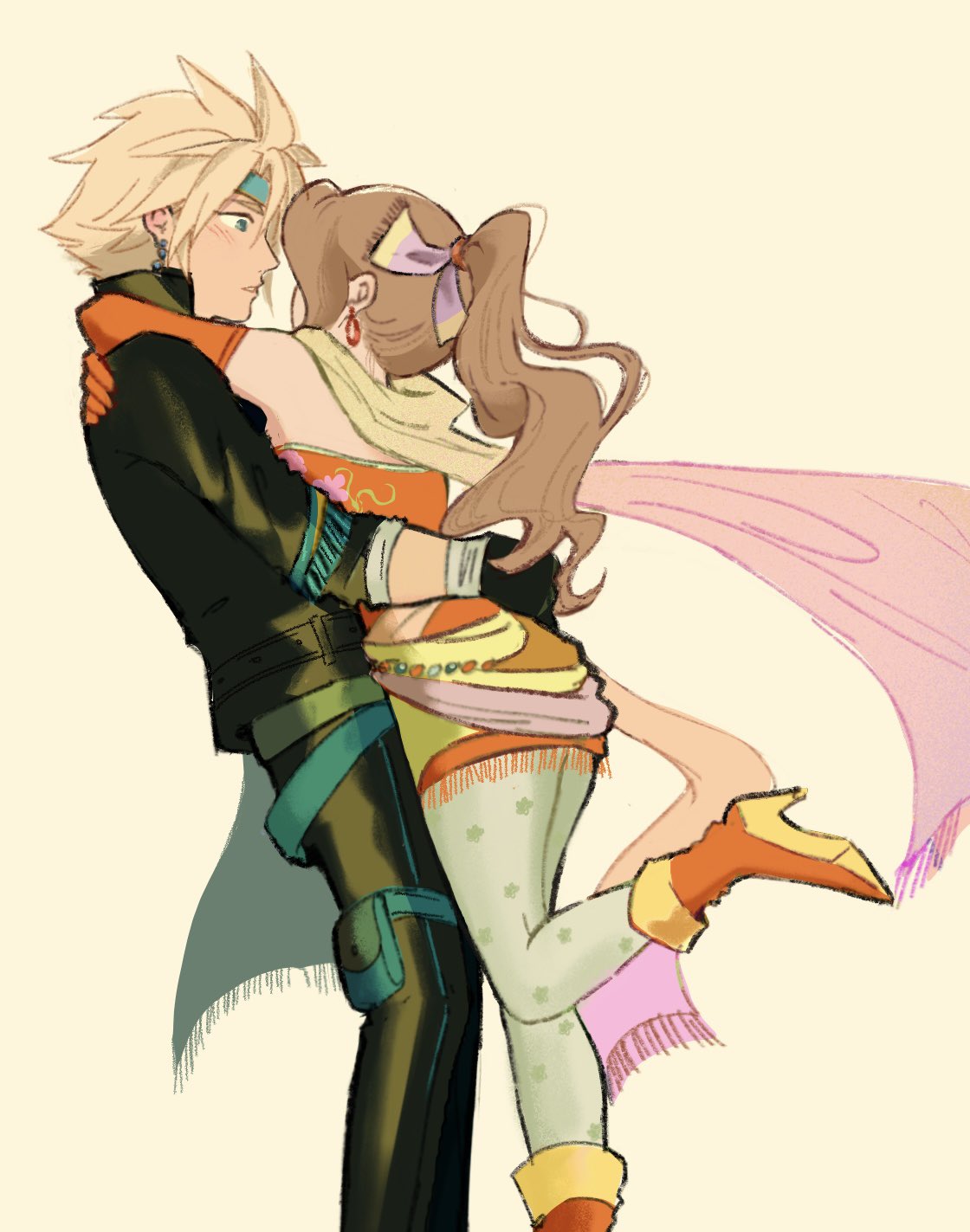 1boy, 1girl, aerith_gainsborough, aerith_gainsborough_(terra's_garb), arm_around_waist, arms_around_neck, bare_shoulders, belt, black_gloves, black_jacket, black_pants, blonde_hair, blush, boots, brown_hair, cape, cloud_strife, cloud_strife_(locke's_outfit), cosplay, detached_sleeves, dress, earrings, final_fantasy, final_fantasy_vi, final_fantasy_vii, final_fantasy_vii_ever_crisis, gloves, gold_trim, gradient_cape, hair_bobbles, hair_ornament, hair_ribbon, headband, hetero, highres, jacket, jewelry, locke_cole, locke_cole_(cosplay), multiple_belts, official_alternate_costume, pants, pantyhose, parted_lips, pink_cape, ponytail, print_pantyhose, red_dress, red_footwear, red_sleeves, ribbon, sash, softp3ach, strapless, strapless_dress, terra_branford, terra_branford_(cosplay), tube_dress, waist_sash, wavy_hair, yellow_cape