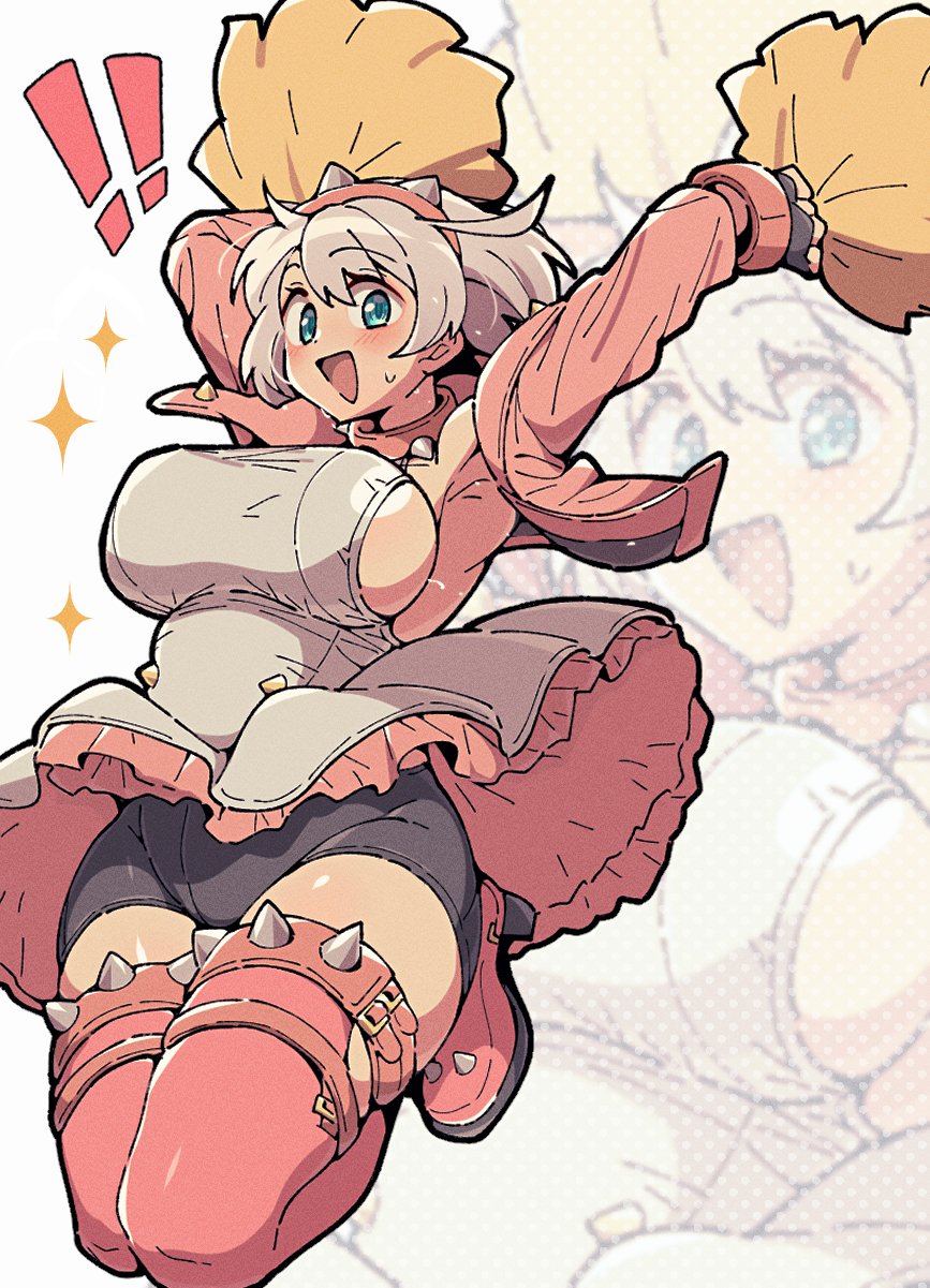 1girl, :d, ahoge, blue_eyes, bob_cut, bracelet, breasts, clothes_lift, collar, dress, elphelt_valentine, fingerless_gloves, frilled_dress, frills, gloves, grey_hair, guilty_gear, guilty_gear_strive, hairband, happy, highres, huge_ahoge, itsuka_neru, jacket, jewelry, jumping, pink_collar, pink_hairband, pink_jacket, pom_pom_(cheerleading), shorts_under_dress, sideboob, smile, spiked_collar, spiked_hairband, spiked_jacket, spiked_thighlet, spikes