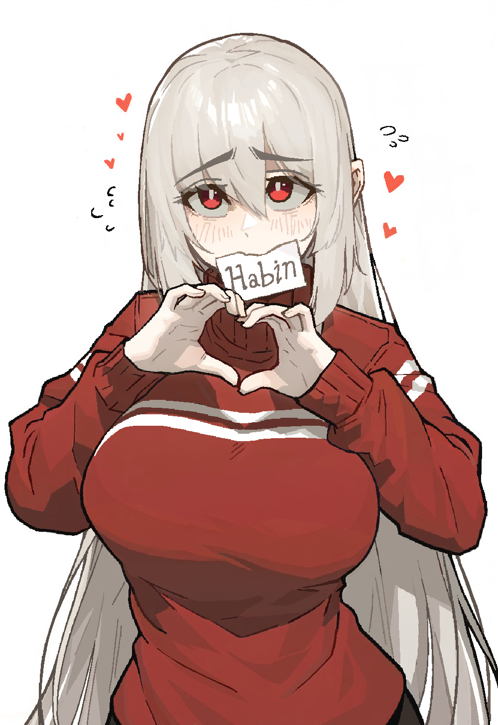 1girl, blush, breasts, bright_pupils, grey_hair, habin_(rusellunt), heart, heart_hands