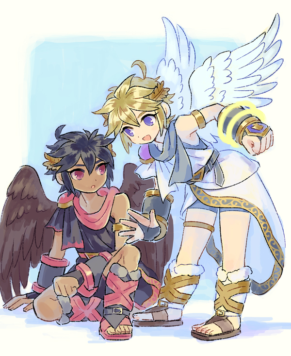 2boys, :d, :o, ahoge, alternate_costume, alternate_skin_color, ancient_greek_clothes, androgynous