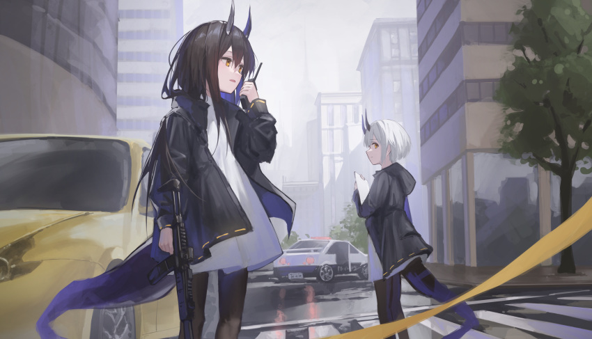 2girls, absurdres, black_hair, black_horns, black_jacket, black_pantyhose, building, car