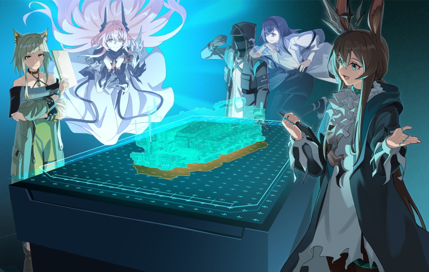 1other, 4girls, :d, amiya_(arknights), animal_ear_fluff, animal_ears, aqua_eyes, arknights