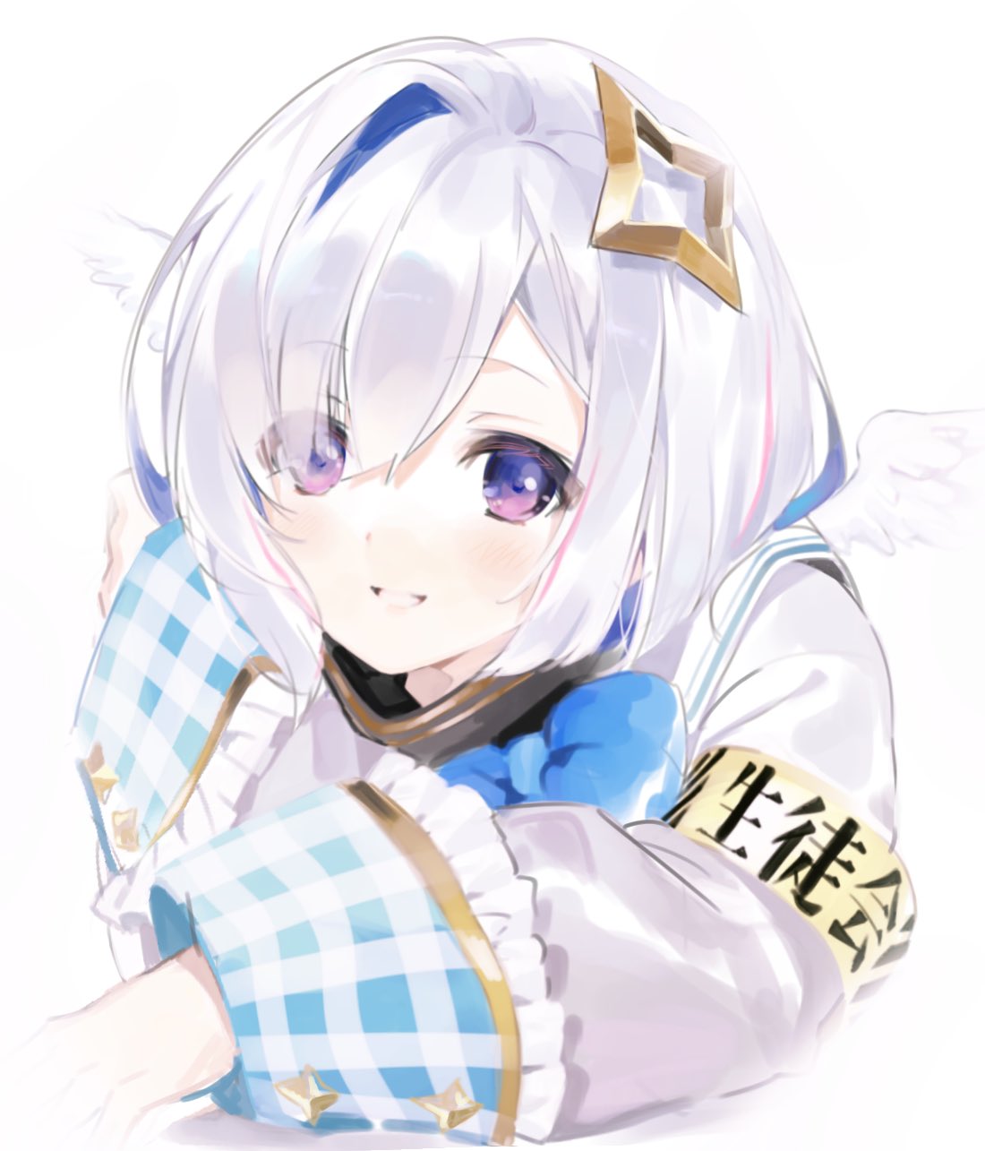 1girl, amane_kanata, angel, angel_wings, asymmetrical_bangs, blue_bow, bow, colored_inner_hair