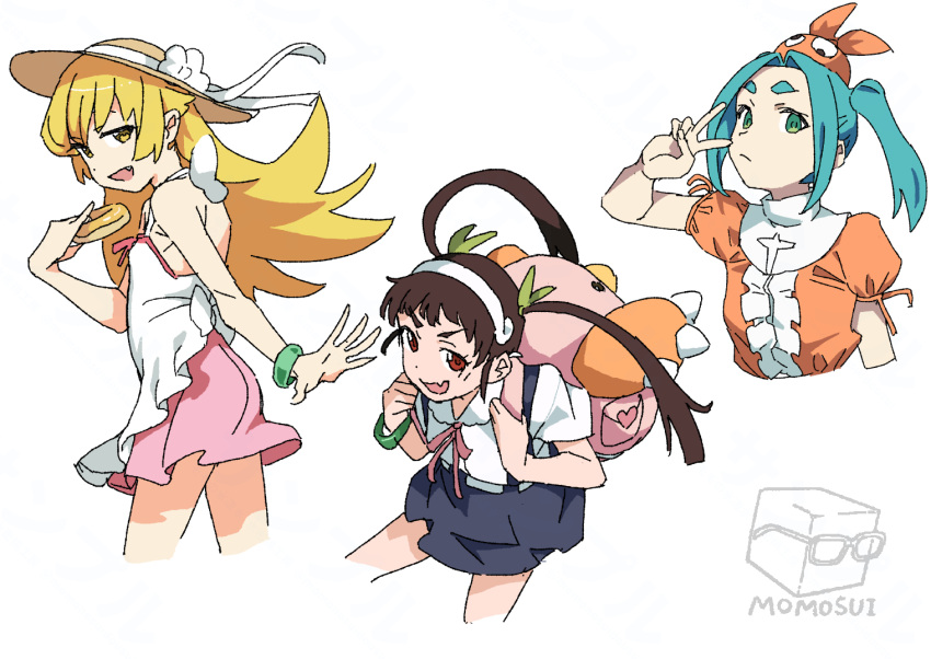 3girls, :d, aqua_hair, artist_logo, backpack, bag, bangle, bare_shoulders