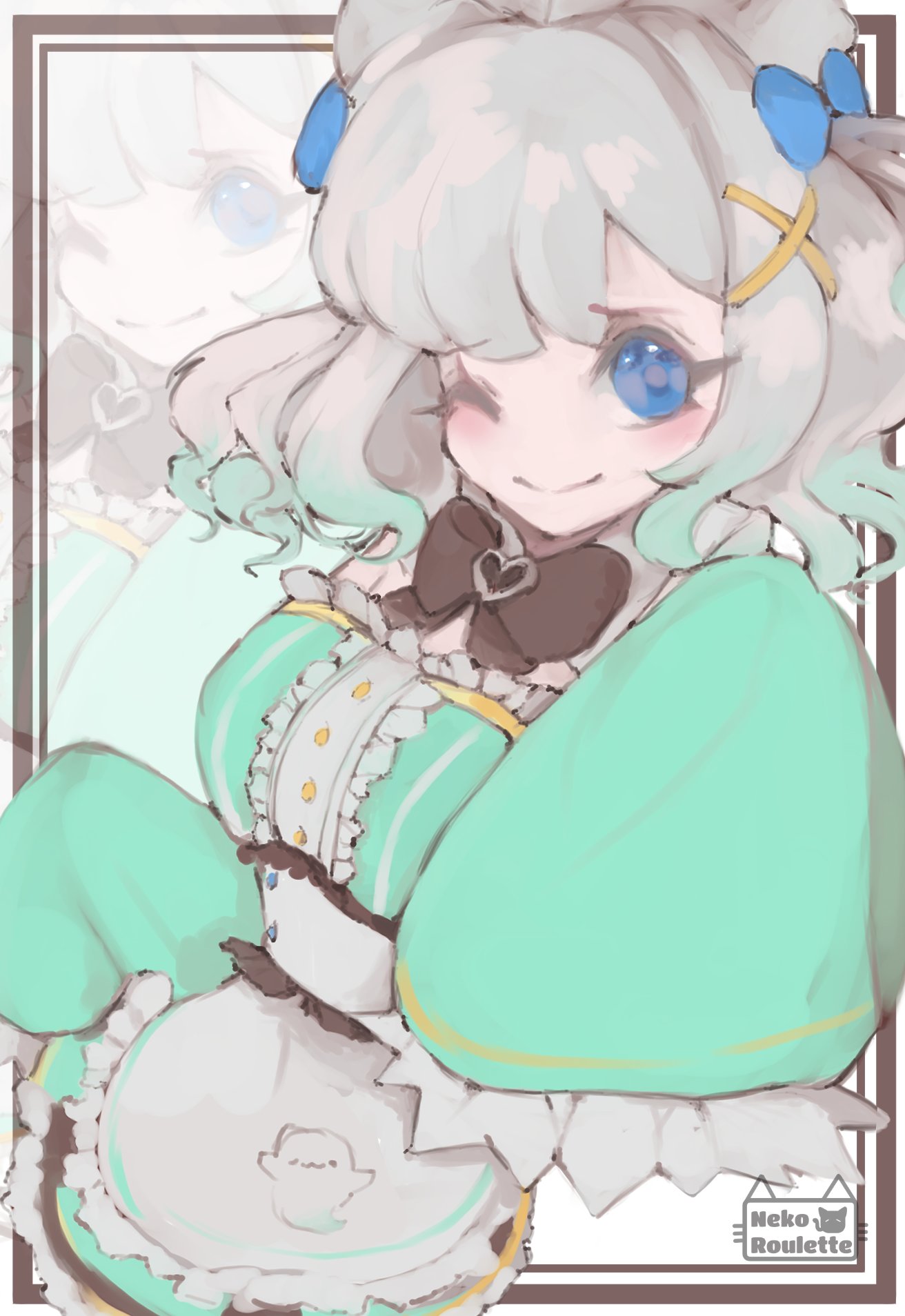 1girl, ;), apron, artist_name, black_bow, black_bowtie, blue_eyes, blush, bow, bowtie, closed_mouth, detached_sleeves, dress, ghost, gradient_hair, green_dress, green_hair, grey_hair, hair_ornament, hairclip, highres, indie_virtual_youtuber, long_sleeves, looking_at_viewer, maid, mint_fantome, mint_fantome_(minto_2.0), multicolored_hair, nekoroulette, one_eye_closed, outside_border, short_hair, sleeves_past_fingers, sleeves_past_wrists, smile, solo, striped_clothes, striped_dress, triangular_headpiece, two_side_up, vertical-striped_clothes, vertical-striped_dress, virtual_youtuber, waist_apron, wavy_hair, white_apron, x_hair_ornament, zoom_layer