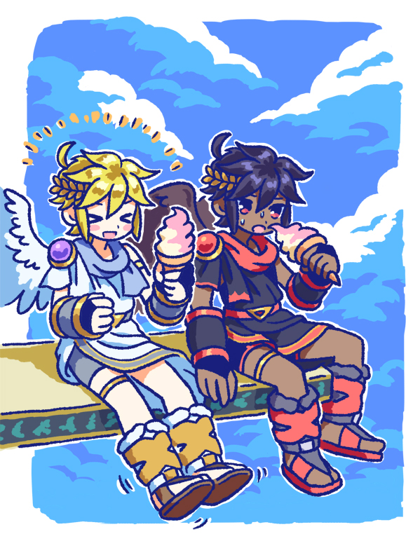 >_<, 2boys, alternate_color, alternate_costume, alternate_hair_color, alternate_skin_color, androgynous, angel