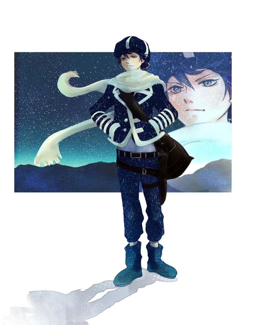 fanart, hands_in_pockets, looking_at_viewer, male_focus, pixiv_id_2141663, scarf, solo, tegami_bachi