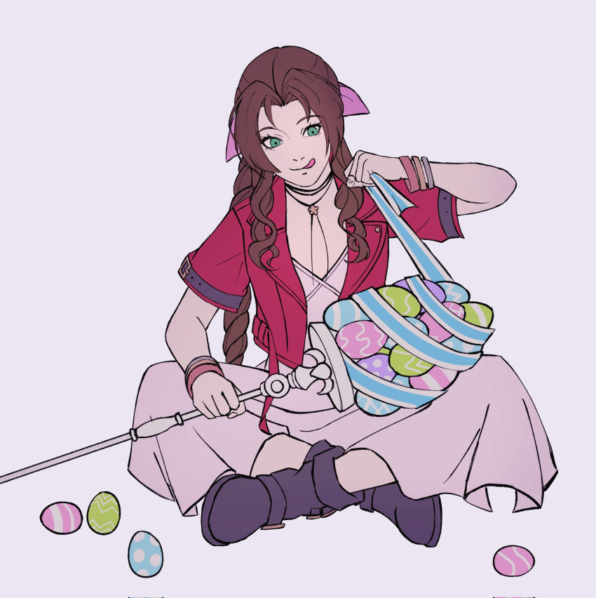 1girl, aerith_gainsborough, aerith_gainsborough_(classic_coney), bangle, blue_ribbon, boots, bracelet, braid