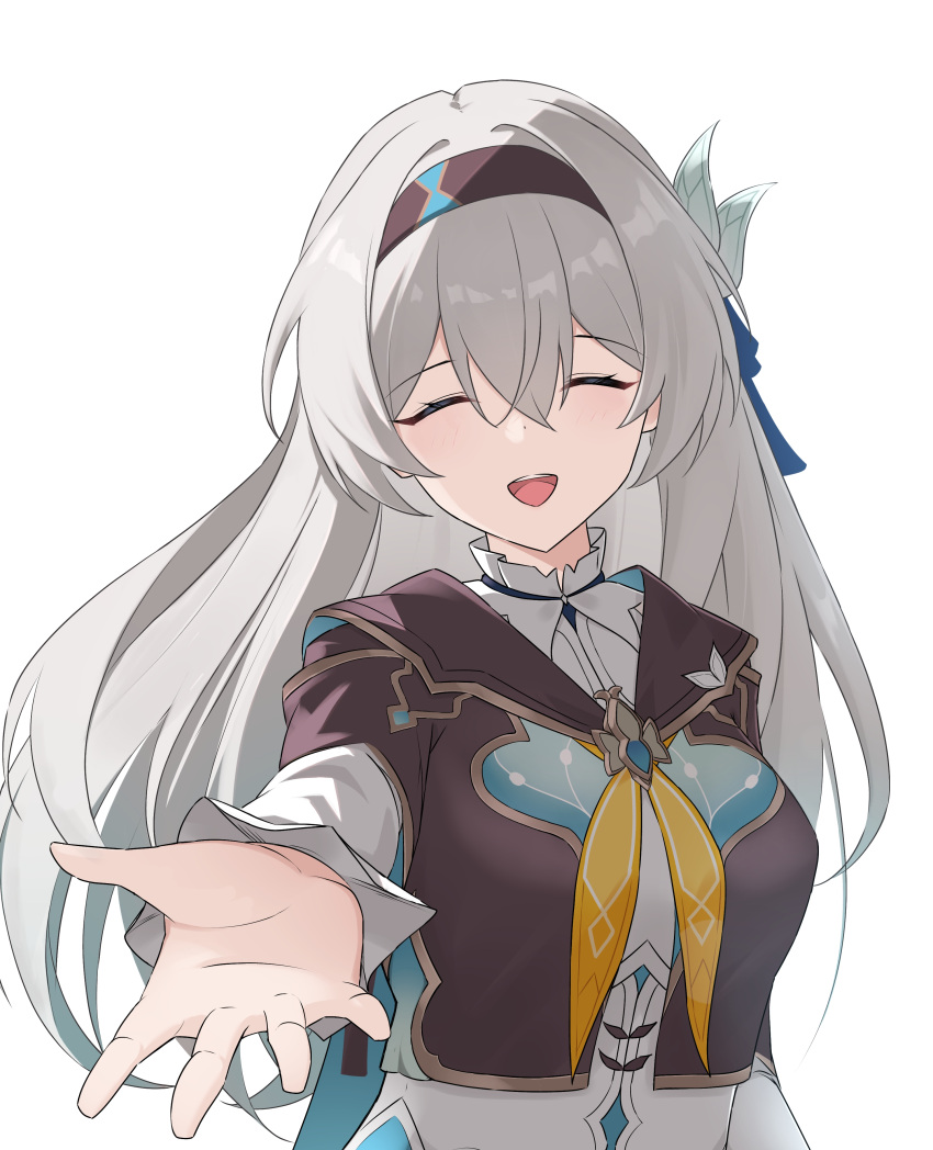1girl, ^_^, absurdres, black_hairband, black_jacket, closed_eyes, cropped_jacket, firefly_(honkai:_star_rail)