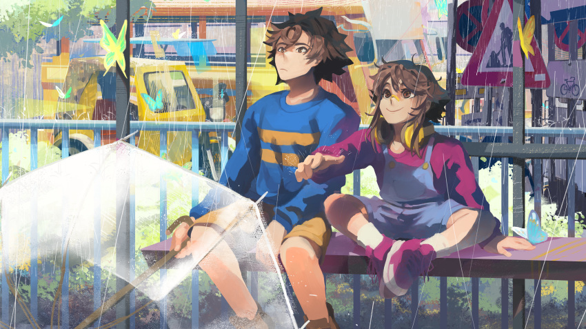 1boy, 1girl, absurdres, bandaid, bandaid_on_face, bench, blue_sweater, brown_eyes