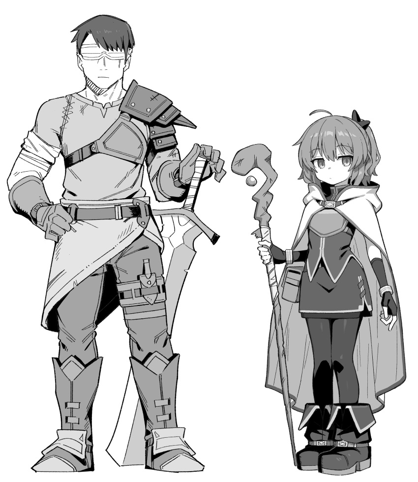 1boy, 1girl, absurdres, ahoge, armor, blindfold, boots, bow