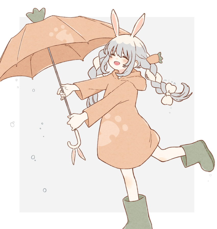 1girl, ^_^, animal_ears, artist_name, bare_legs, blue_hair, blush, boots