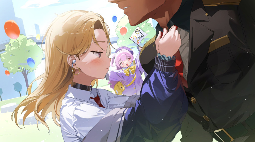 1boy, 2girls, adjusting_clothes, adjusting_necktie, bag, belt, bird, black_choker, blonde_hair, blush, choker, commander_(nikke), earrings, flag, gloves, goddess_of_victory:_nikke, gogoco, highres, jacket, jewelry, looking_at_viewer, military, military_uniform, multiple_girls, nail_polish, necktie, penguin, profile, purple_hair, red_eyes, rei_(nikke), ribbon, school_bag, school_uniform, shirt, white_shirt, wireless_earphones, yellow_ribbon, zwei_(nikke)