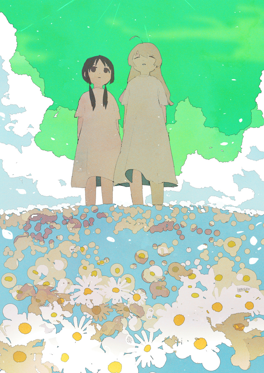2girls, absurdres, ahoge, amatyame, arms_at_sides, black_eyes, black_hair, blonde_hair, brown_flower, chito_(shoujo_shuumatsu_ryokou), closed_eyes, closed_mouth, clouds, commentary_request, dress, expressionless, facing_viewer, field, flower, flower_field, green_sky, hair_over_shoulder, highres, long_hair, looking_at_viewer, low_twintails, multiple_girls, open_mouth, outdoors, red_flower, short_sleeves, shoujo_shuumatsu_ryokou, side-by-side, sky, standing, twintails, white_dress, white_flower, yuuri_(shoujo_shuumatsu_ryokou)