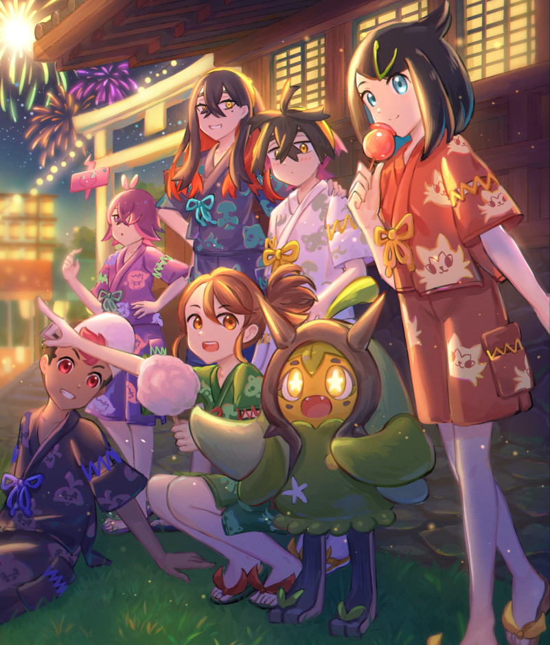 2boys, 4girls, black_hair, blue_eyes, blue_shirt, brown_eyes, brown_hair, candy_apple