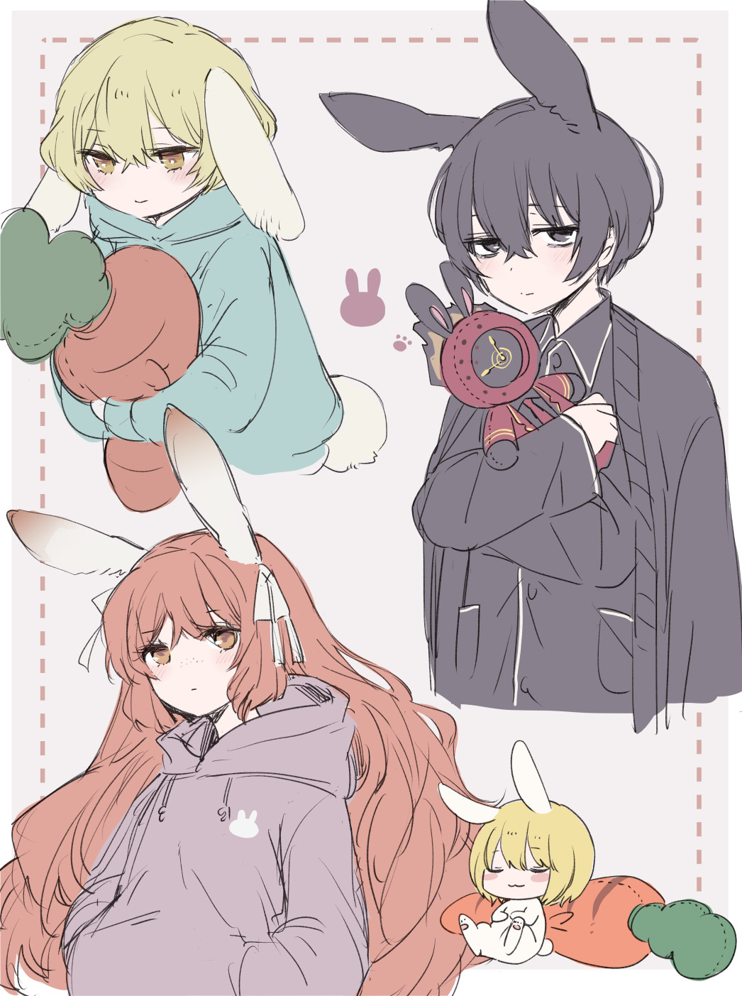 2boys, 2girls, animal_ears, black_cardigan, black_eyes, black_hair, black_pajamas, blonde_hair, blush, cardigan, cardigan_on_shoulders, character_doll, closed_mouth, dante_(limbus_company), don_quixote_(project_moon), hair_ribbon, hands_in_pockets, highres, hood, hoodie, ishmael_(project_moon), limbus_company, long_hair, looking_at_viewer, marbornath, multiple_boys, multiple_girls, orange_hair, pajamas, project_moon, purple_hoodie, rabbit_ears, ribbon, sidelocks, simple_background, sinclair_(project_moon), smile, stuffed_carrot, very_long_hair, white_background, white_ribbon, yellow_eyes, yi_sang_(project_moon)
