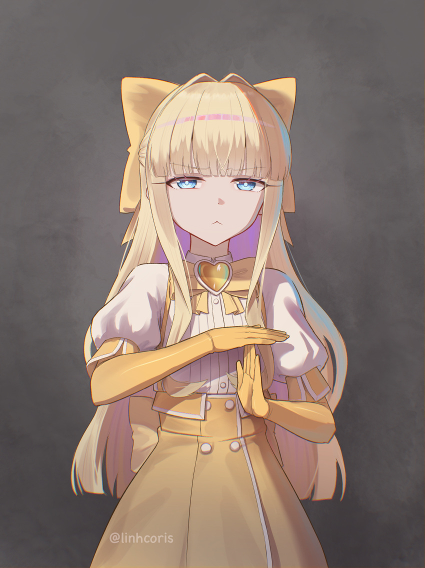 1girl, :<, absurdres, blonde_hair, blue_eyes, bow, colored_inner_hair, commentary, elbow_gloves, english_commentary, gloves, grey_background, hair_bow, heart-shaped_gem, high-waist_skirt, highres, linhcoris, long_hair, looking_at_viewer, magia_sulfur, magical_girl, mahou_shoujo_ni_akogarete, meme, multicolored_hair, puffy_sleeves, purple_hair, shaq_timeout_(meme), shirt, skirt, solo, standing, tenkawa_kaoruko, time-out_(gesture), upper_body, white_shirt, yellow_bow, yellow_gloves, yellow_skirt