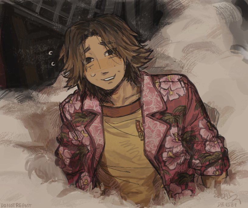 1boy, black_eyes, brown_hair, daisuke_(mouthwashing), dz_4589, flying_sweatdrops, foam, hawaiian_shirt
