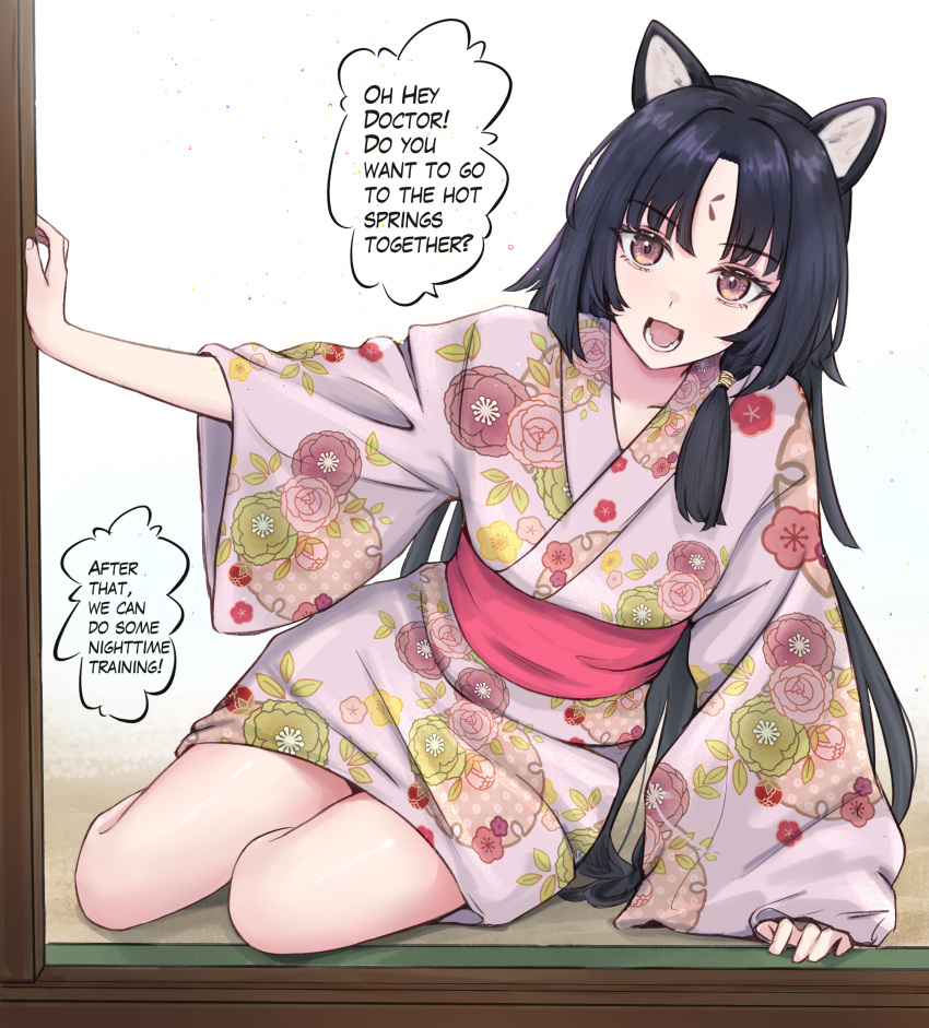 1girl, :d, absurdres, alternate_costume, animal_ears, arknights, black_hair, brown_eyes
