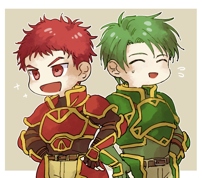2boys, armor, belt, closed_eyes, commentary_request, deformed, fingerless_gloves, fire_emblem