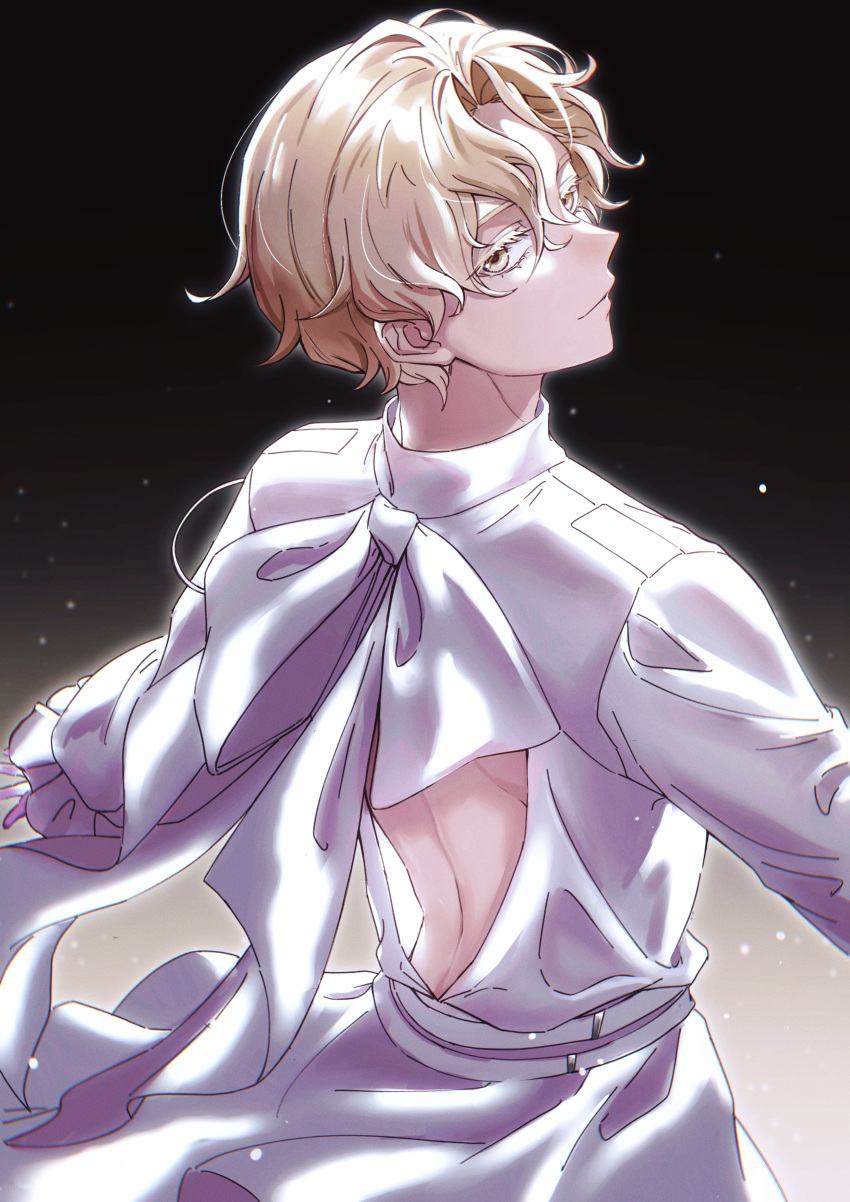 1boy, absurdres, alien_stage, back_bow, back_cutout, black_background, blonde_hair, bow
