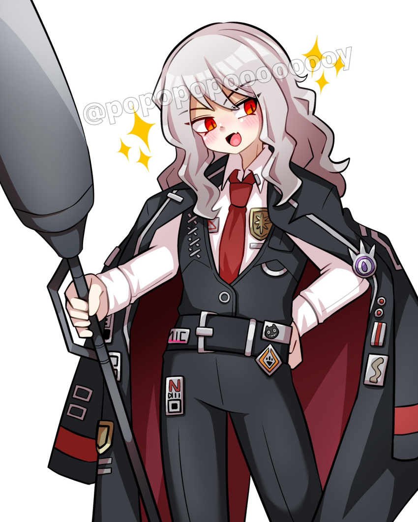 1boy, badge, belt, black_belt, black_coat, black_pants, black_vest, blush, coat, coat_on_shoulders, cosplay, cowboy_shot, don_quixote_(project_moon), don_quixote_(project_moon)_(cosplay), hand_on_own_hip, highres, holding, holding_polearm, holding_weapon, la_manchaland's_don_quixote_(project_moon), lance, lapels, limbus_company, long_hair, notched_lapels, open_mouth, pants, polearm, popopopoooooooy, project_moon, red_eyes, sidelocks, smile, solo, sparkle, sticker, vest, weapon, white_hair