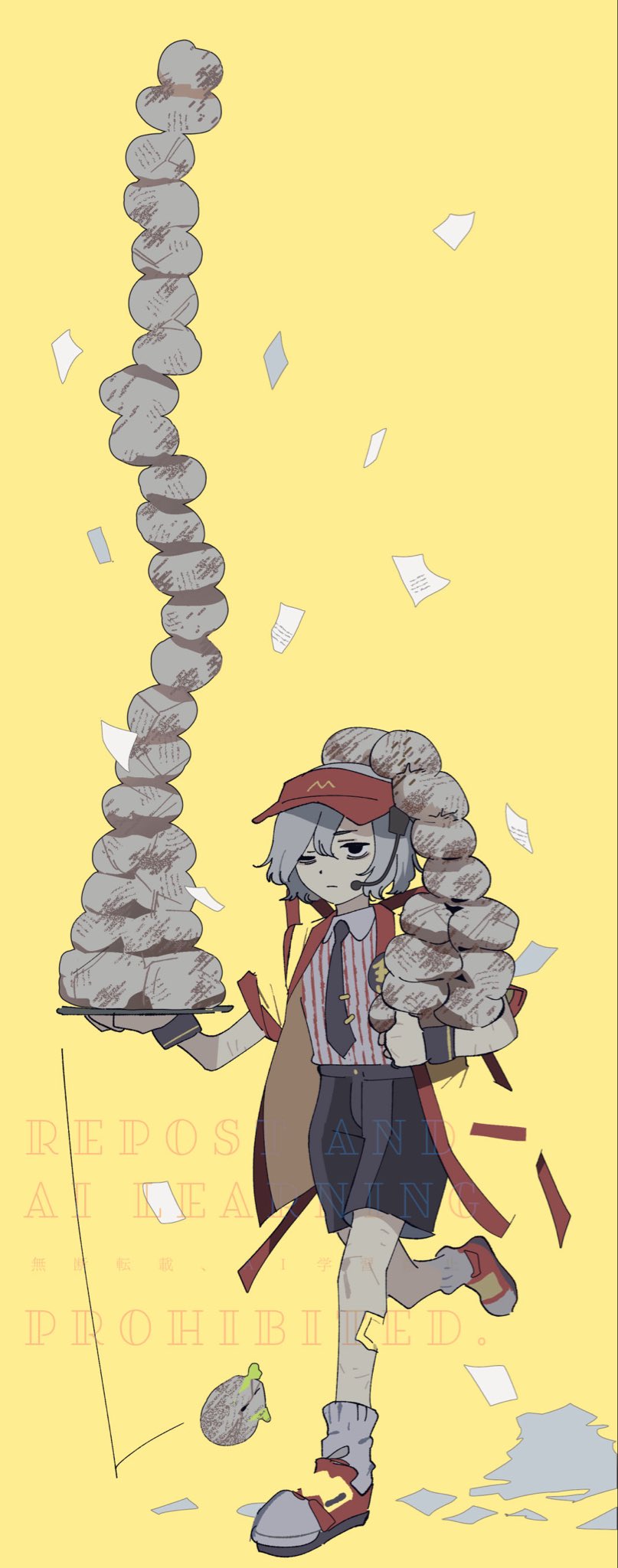 1boy, black_eyes, black_necktie, black_shorts, closed_mouth, cosplay, double_cheese_(mcdonald's), double_cheese_(mcdonald's)_(cosplay)