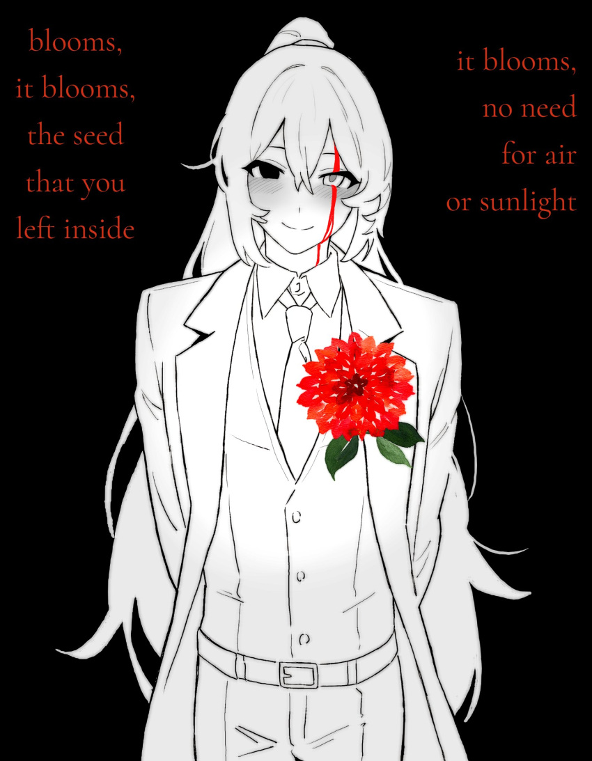 1boy, arms_behind_back, belt, blood, blood_on_face, closed_mouth, coat, collared_shirt, english_text, flower, flower_request, greyscale, heterochromia, highres, hong_lu_(project_moon), lapels, limbus_company, long_hair, looking_at_viewer, monochrome, necktie, notched_lapels, pants, past_desiderium, project_moon, red_flower, shirt, simple_background, smile, solo, spot_color, vest