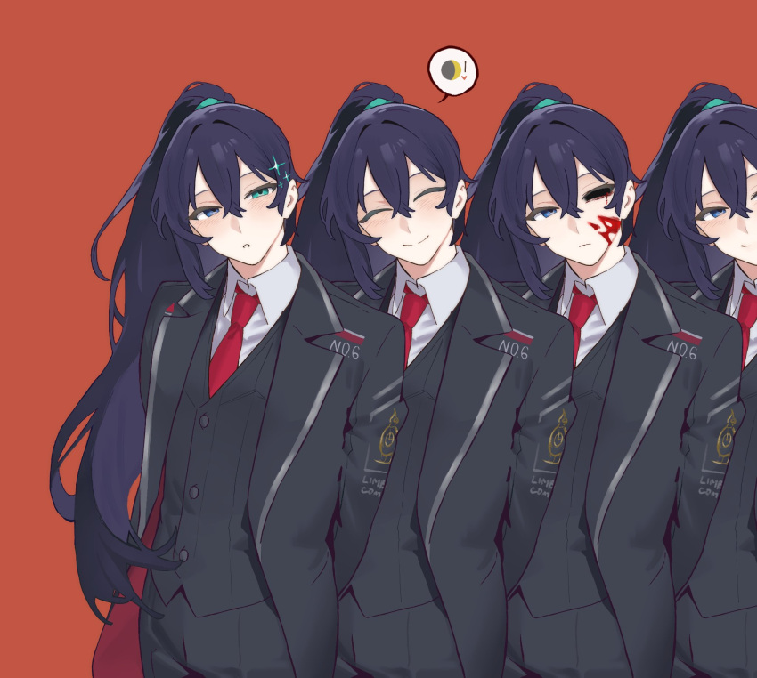 1boy, aqua_eyes, arms_behind_back, black_coat, black_hair, black_pants, black_vest, blood