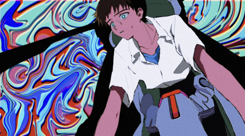 1boy, a12740807, black_pants, blue_eyes, blue_shirt, brown_hair, collarbone, collared_shirt
