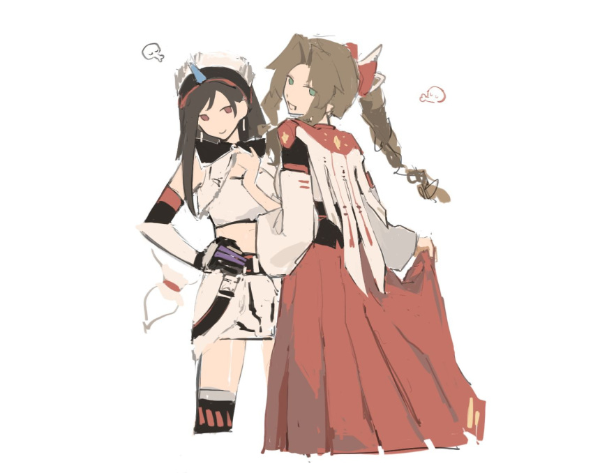 2girls, aerith_gainsborough, aerith_gainsborough_(kamura_dress), armor, braid, braided_ponytail, brown_hair, cosplay