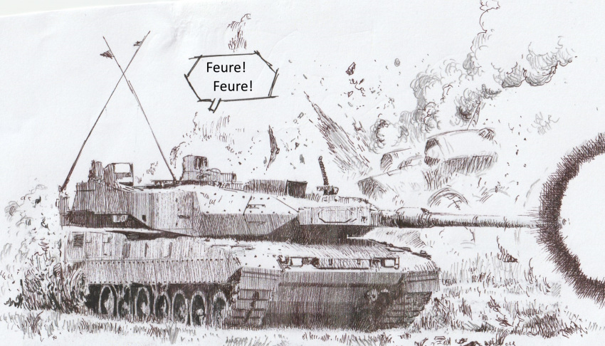 caterpillar_tracks, commentary_request, firing, german_text, goddess_of_victory:_nikke, greyscale, highres, leopard_2