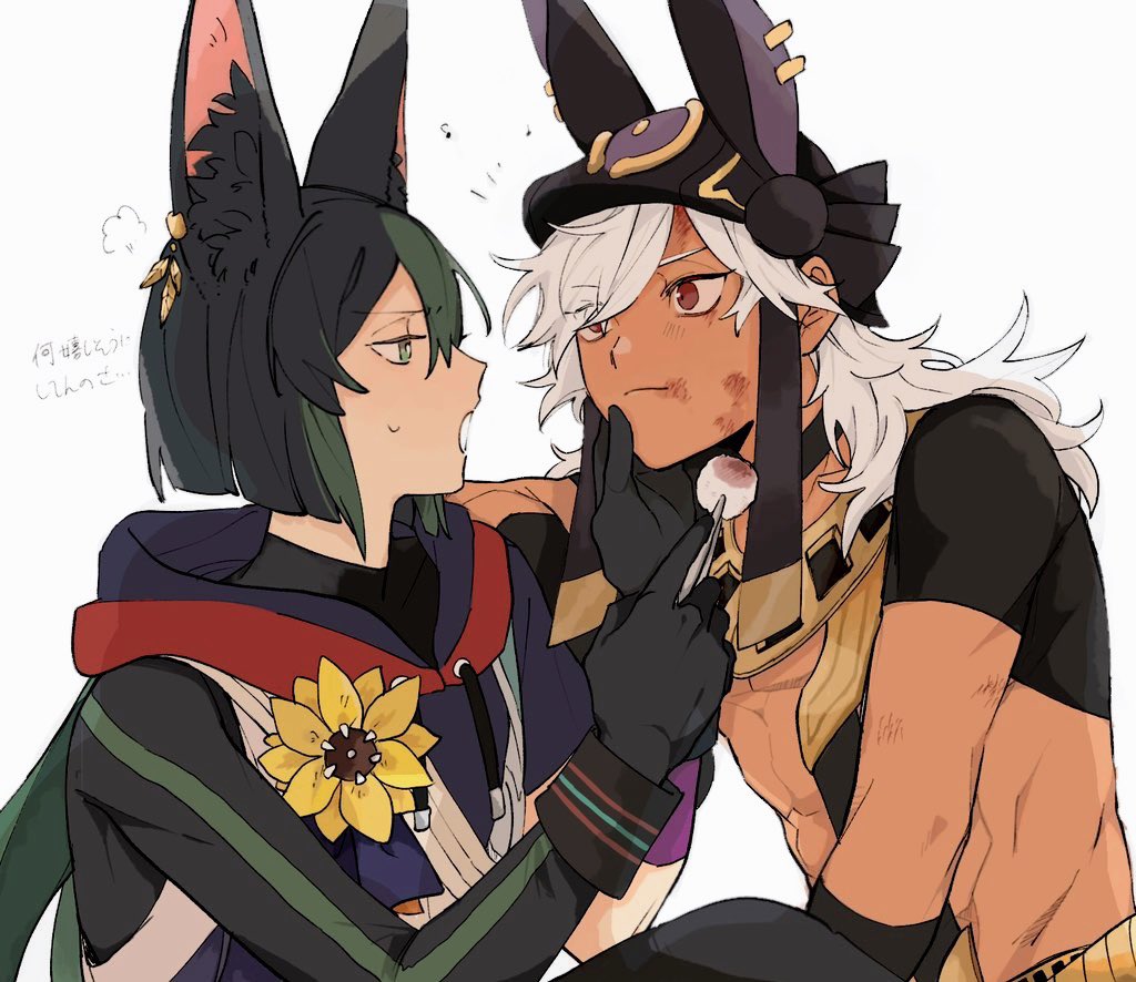 2boys, ancient_egyptian_clothes, animal_ear_fluff, animal_ears, animal_hat, asymmetrical_sleeves, black_choker, black_gloves