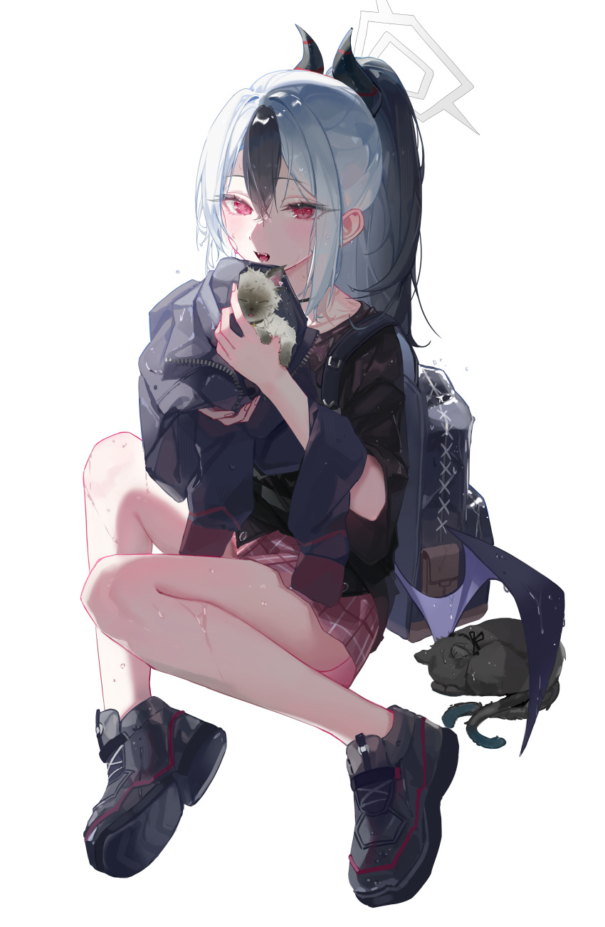 1girl, absurdres, animal, backpack, bag, black_footwear, black_hair, black_horns, black_shirt, black_wings, blue_archive, cat, commentary, demon_girl, demon_horns, demon_wings, fangs, full_body, grey_halo, hair_between_eyes, halo, highres, holding, holding_animal, hood, hoodie, horns, kayoko_(blue_archive), looking_at_viewer, miniskirt, multicolored_hair, multiple_tails, nekomata, open_mouth, pleated_skirt, ponytail, red_eyes, red_skirt, shirt, short_sleeves, shupami, simple_background, single_wing, skirt, streaked_hair, tail, teeth, two_tails, unworn_hoodie, upper_teeth_only, wet, wet_clothes, wet_hair, white_background, white_hair, wings