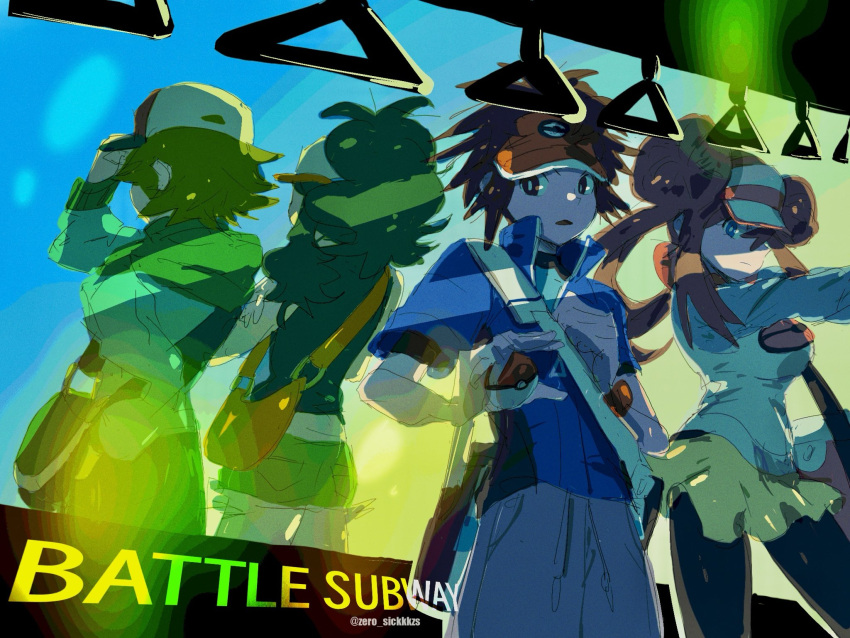 2boys, 2girls, bag, blue_eyes, brown_eyes, brown_hair, hair_bun, hat, highres, hilbert_(pokemon), hilda_(pokemon), holding, holding_poke_ball, jacket, multiple_boys, multiple_girls, nate_(pokemon), open_mouth, poke_ball, poke_ball_(basic), pokemon, pokemon_bw, pokemon_bw2, ponytail, rosa_(pokemon), standing, twitter_username, zs_(zero_sickkkzs)