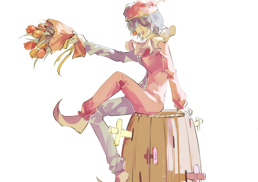 1girl, absurdres, barrel, blue_hair, blue_hat, blue_jumpsuit, bouquet, brown_footwear, chinese_commentary, clown, clown_nose, commentary_request, danganronpa_(series), danganronpa_another, danganronpa_another:_another_despair_academy, flower, frilled_jumpsuit, frills, from_side, full_body, hat, highres, holding, holding_bouquet, iranami_satsuki, jester_cap, jumpsuit, knife, light_particles, neck_ruff, open_mouth, outstretched_arm, pink_hat, pointy_footwear, red_flower, red_jumpsuit, red_nose, red_rose, rose, setsuna_reed, shoes, short_hair, simple_background, sitting, smile, solo, spoilers, two-tone_headwear, two-tone_jumpsuit, white_background, yellow_flower, yellow_rose