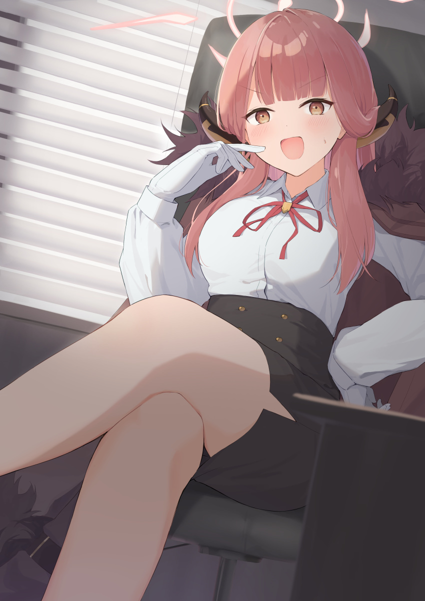 1girl, :d, absurdres, aru_(blue_archive), black_skirt, blue_archive, blunt_bangs, blush