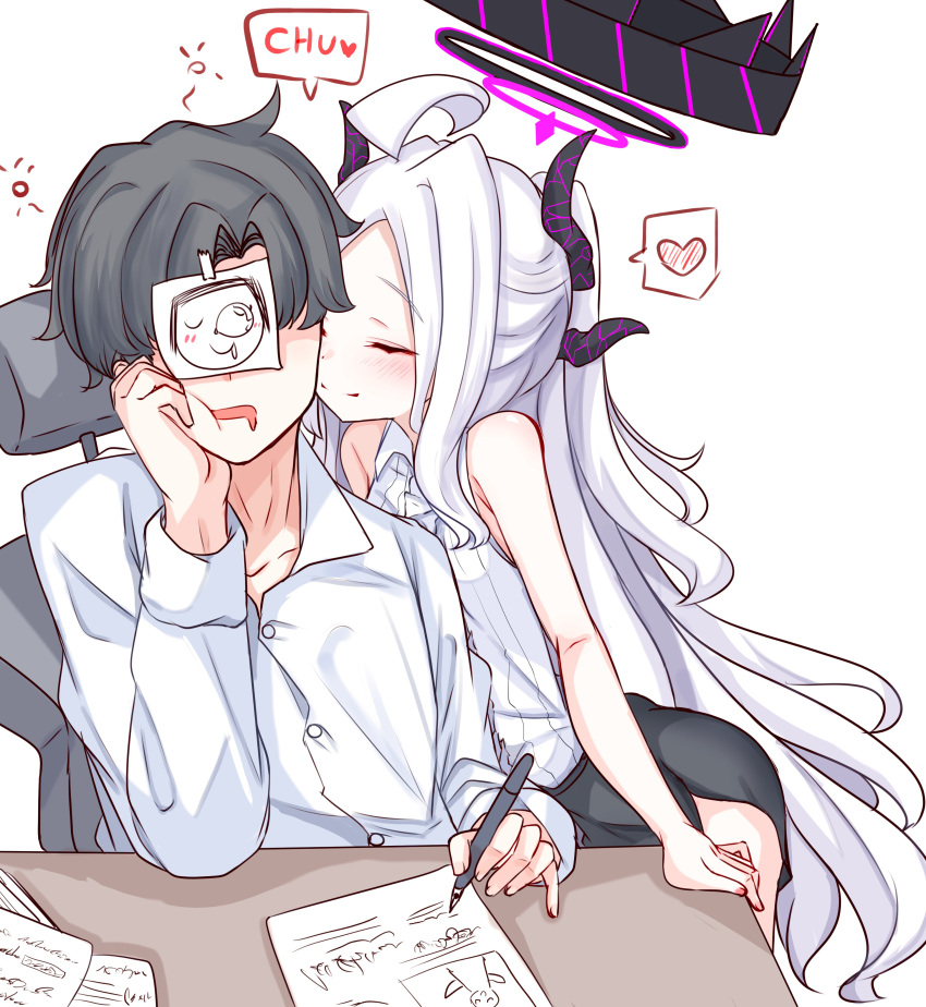 1boy, 1girl, absurdres, ahoge, black_hair, black_halo, black_horns, black_skirt, blue_archive, blush, breasts, closed_mouth, collared_shirt, dark_halo, demon_girl, demon_horns, doodle_sensei_(blue_archive), hair_ornament, halo, heart, hetero, highres, hina_(blue_archive), horns, long_hair, long_sleeves, looking_at_viewer, multiple_horns, open_mouth, paper, parted_bangs, peroronti, purple_halo, sensei_(blue_archive), sensei_(blue_archive_the_animation), shirt, simple_background, skirt, sleeveless, sleeveless_shirt, smile, solo, spoken_heart, very_long_hair, violet_eyes, white_background, white_hair, wings