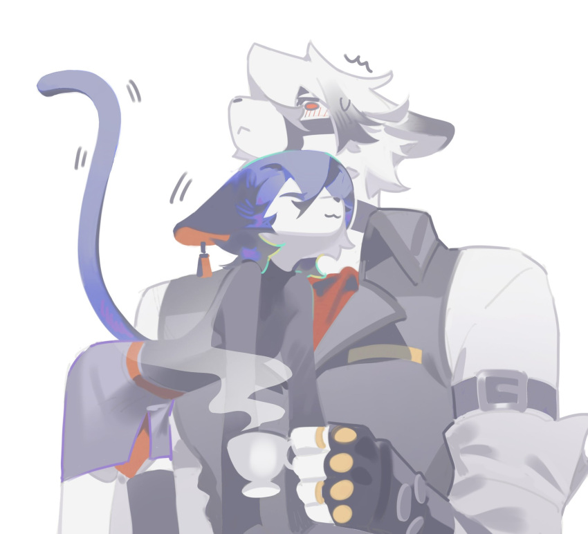 1boy, 1girl, belle_(zenless_zone_zero), black_gloves, blue_hair, blush, body_fur, cat_girl