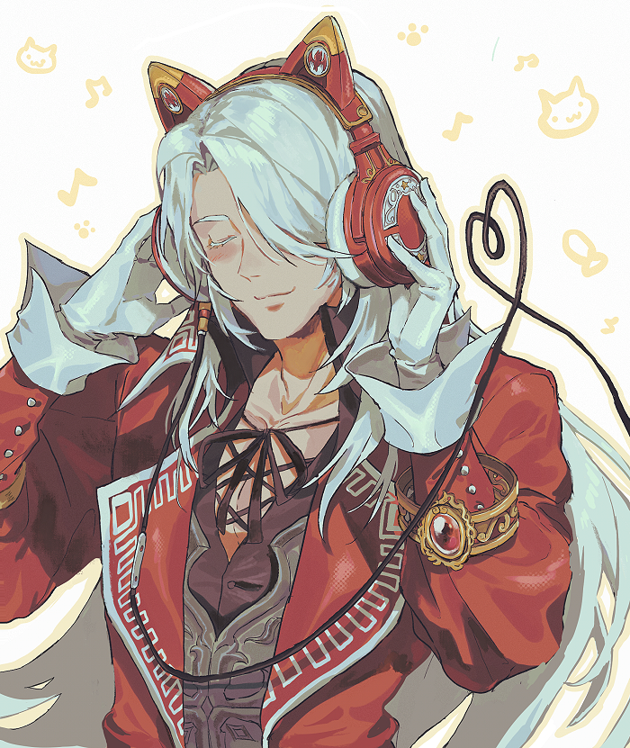 animal_ear_headphones, animal_ears, black_bow, black_shirt, blush, bow, bracelet, cable