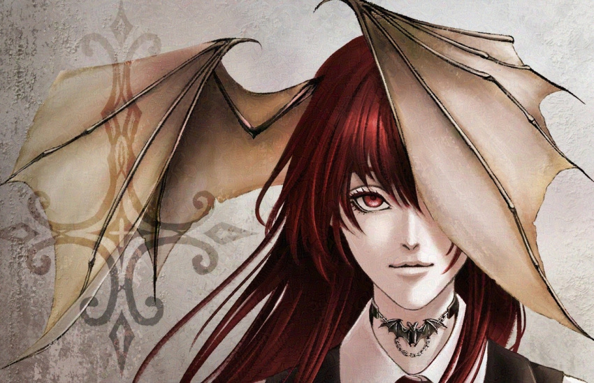 1girl, bat_necklace, bat_wings, black_vest, collared_shirt, commentary_request, cross, dress_shirt