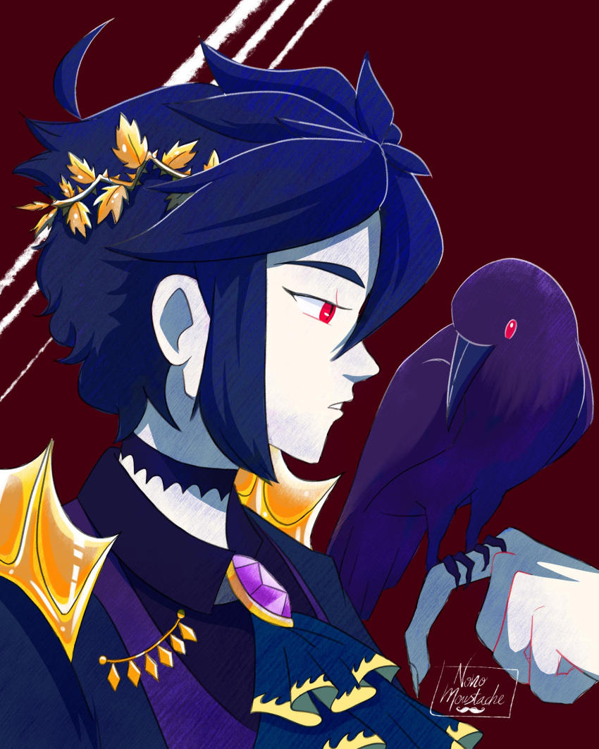 1boy, absurdres, ahoge, alternate_costume, artist_logo, ascot, bird, bird_on_hand