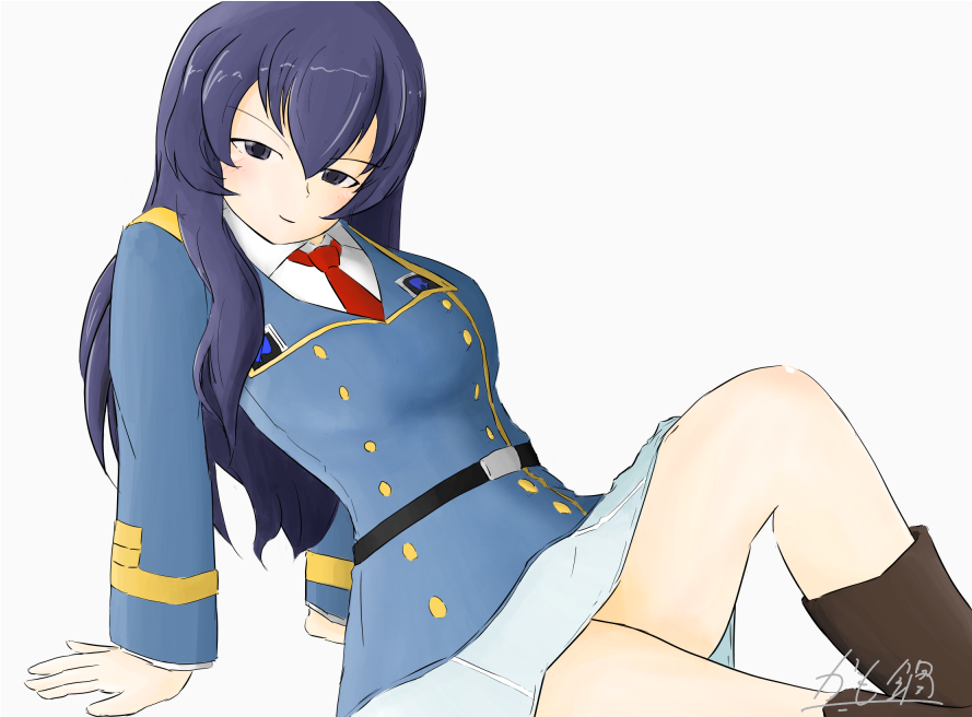 1girl, belt, belt_buckle, black_belt, blue_eyes, blue_hair, blue_jacket, blush, boots, breasts, buckle, collared_shirt, eclair_(girls_und_panzer), girls_und_panzer, jacket, kamonabe_(sodosodobanban), long_hair, maginot_military_uniform, miniskirt, necktie, red_necktie, shirt, sitting, skirt, thighs, variant_set, white_shirt, white_skirt