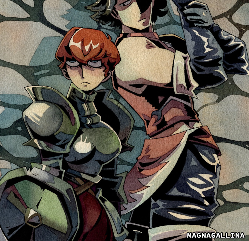 1boy, 1girl, adjusting_clothes, adjusting_gloves, armor, artist_name, bare_shoulders, black_gloves